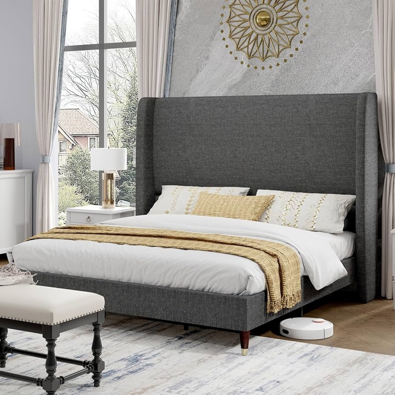 Amazon.com: PaPaJet King Size Bed Frame, Upholstered 51.2" High Platform  Beds, Modern Tall Wingback Headboard, Solid Wood Legs, Easy Assembly, No  Box Spring Needed, Soft Linen Bedroom Furniture, Dark Grey : Home
