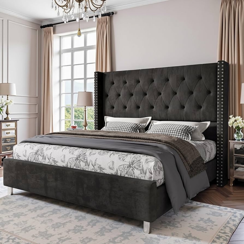 Amazon.com: PaPaJet Upholstered Queen Bed Frame with Tall Headboard,  Wingback Platform Bed, Low Profile Velvet Tufted Button, No Box Spring  Needed, Easy Assembly, Black : Home & Kitchen