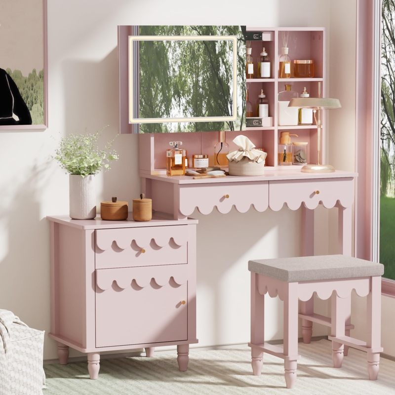 Amazon.com: Pink Makeup Vanity Desk With 3 Color Touch Screen Lighted  Sliding Mirror, Scalloped Large Vanity Table Set with Storage & Drawers  Fluted Petal Pattern Dressing Table with Cushioned Stool for Bedroom :