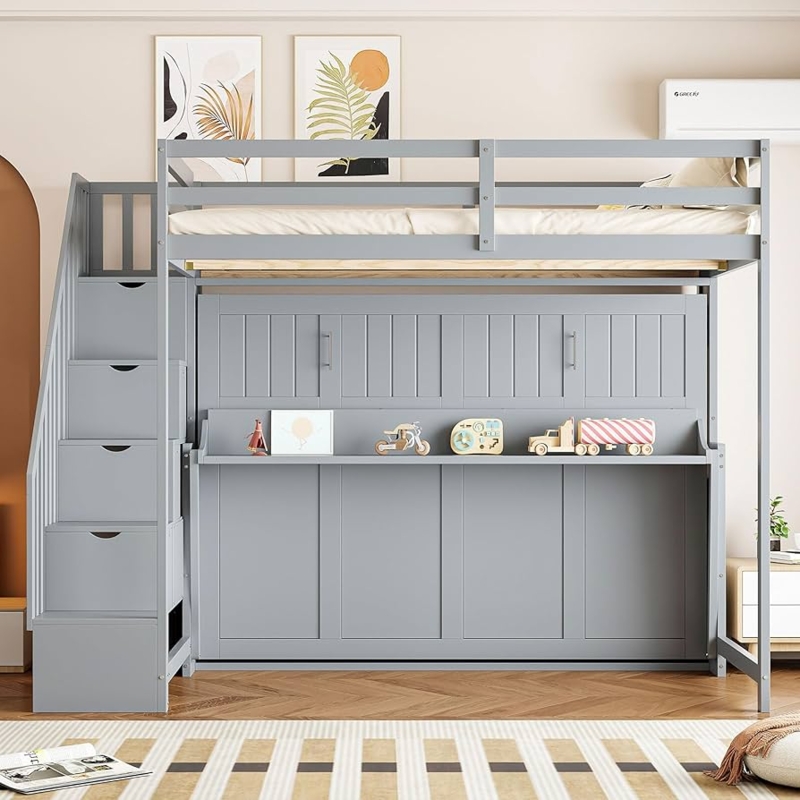 Amazon.com: Polibi Full Over Full Size Bunk Bed with Murphy Bed Design and  Storage Staircase,Murphy Bed with Hydraulic Lift & Hidden Desk,Gray : Home  & Kitchen