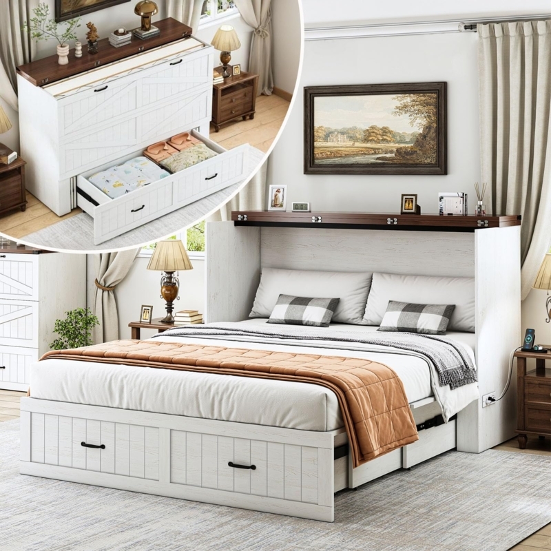 Amazon.com: Queen Murphy Bed with Storage & Charging Station, Farmhouse  Murphy Cabinet Bed with Large Drawer, Hideaway Foldable Platform Bed for  for Guest Room, Bedroom, Home Office, Mattress Not Included, White :