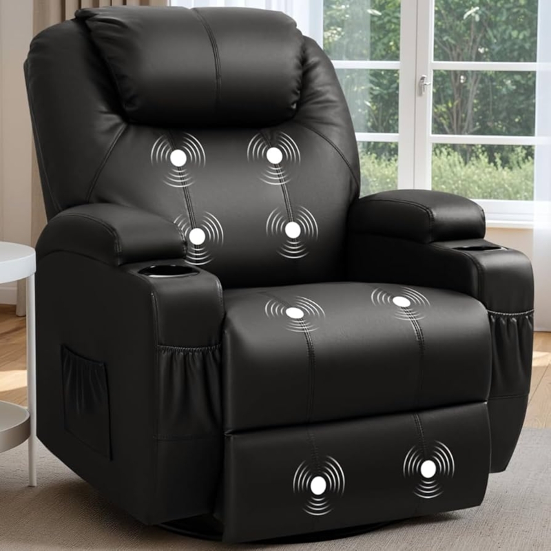 Amazon.com: Recliner Chair, 360 Swivel Rocker Chair for Adults, Rocking  Recliner Chair with Massage, Comfy Single Sofa with Side Pockets Cup  Holders for Living Room, Bedroom, Nursery (Leather, Black) : Home &