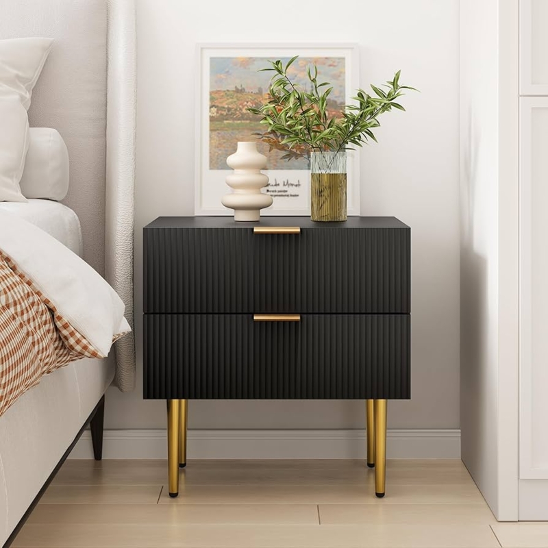 Amazon.com: Semiocthome Black Nightstand, Mid Century Modern Night Stand  with 2 Wave Fluted Panel Drawers, Bedside Table with Gold Metal Legs,  Bedroom Set Wide Tabletop Bed Side Table, End Tables for Living