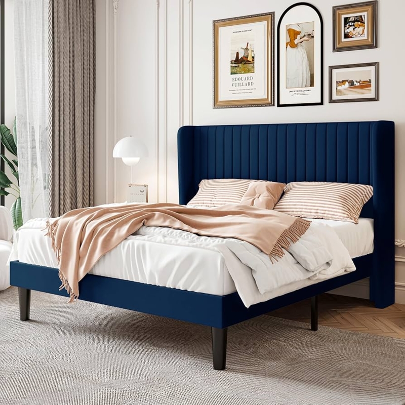 Amazon.com: SHA CERLIN Full Size Velvet Bed Frame with Vertical Channel  Tufted Wingback Headboard, Upholstered Platform Bed with Wood Slats, No Box  Spring Needed, Easy Assembly, Blue : Home & Kitchen