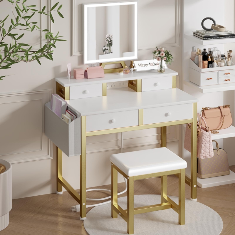 Amazon.com: Small Makeup Vanity Desk with Lights, 31 inch Girls Vanity Set  with Mirror and Chair, Make Up Dresser Table with Drawers and Power Outlet  for Bedroom Small Space, White and Gold :