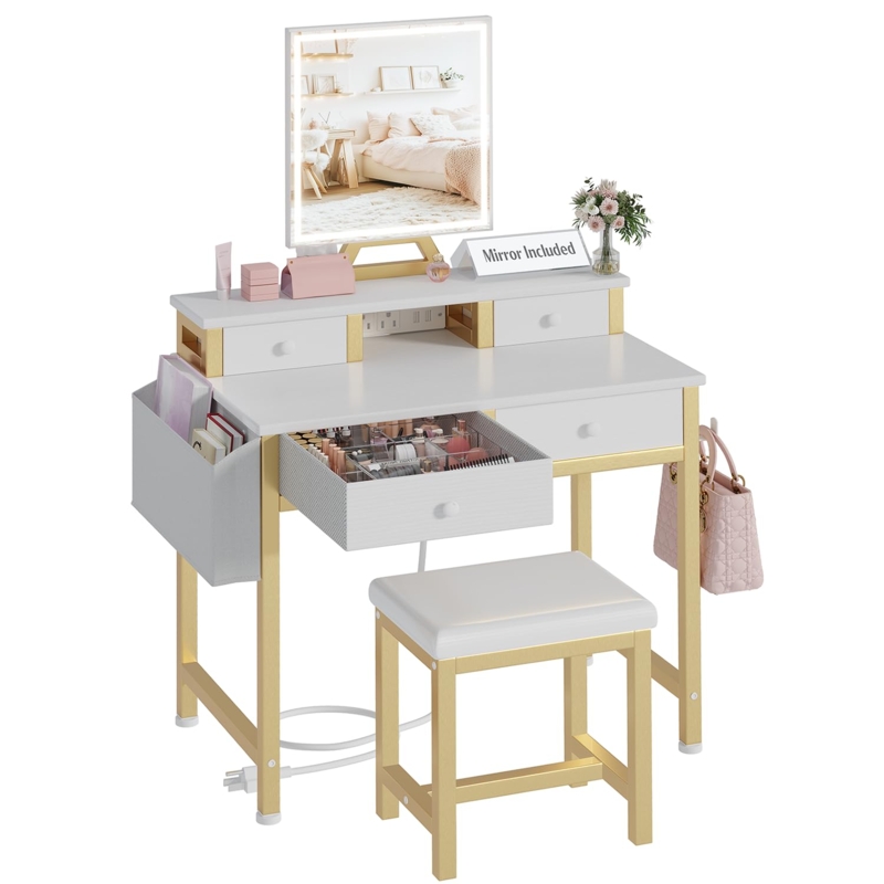 Amazon.com: Small Makeup Vanity Desk with Lights, 31 inch Girls Vanity Set  with Mirror and Chair, Make Up Dresser Table with Drawers and Power Outlet  for Bedroom Small Space, White and Gold :