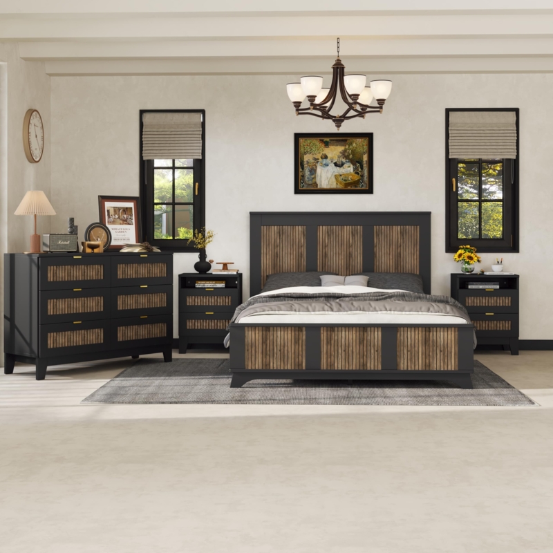 Black Solid Wood 3-Piece Bedroom Set King Bed Dresser Nightstand  Traditional | Foter