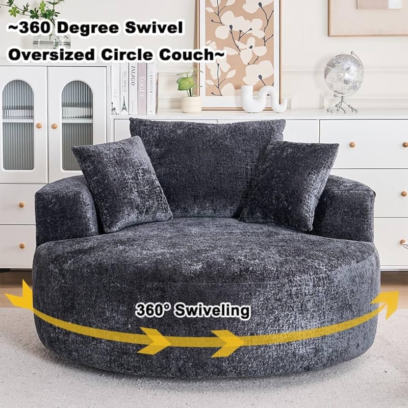Amazon.com: Swivel Accent Barrel Chair Oversized Modern Akili Upholstered  Sofa Lounge Club Leisure Chair Round Chair for Hotel Living Room with 3  Pillows (Black Chenille), 15D x 38.6W x 50H in :