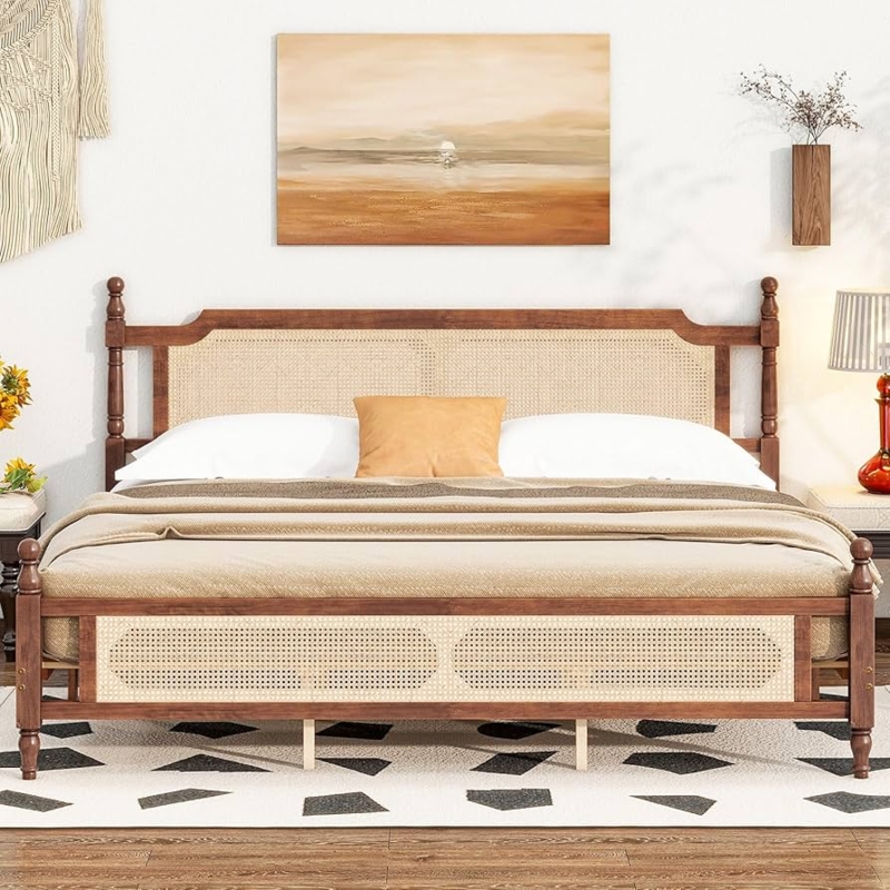 Amazon.com: Thctvous Rattan Bed Frame King with Rattan Headboard &  Footboard, Boho Bed Frame with Wooden Slats, Pine Wood, Mid Century, No Box  Spring Needed (Walnut, King) : Home & Kitchen
