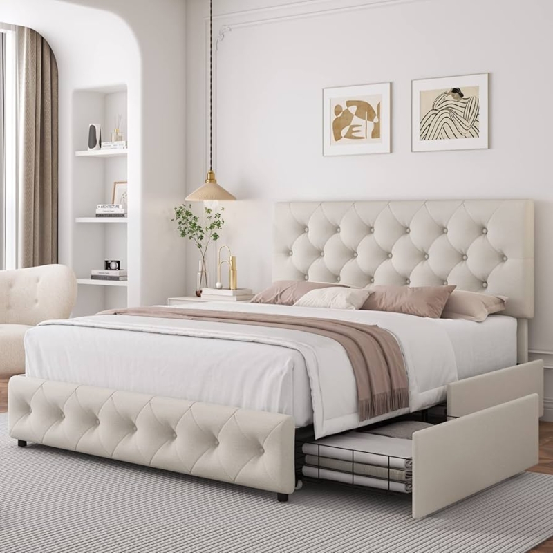 Amazon.com: TTVIEW Queen Bed Frame with 4 Storage Drawers and Adjustable  Headboard, Upholstered Platform Bed with Button Tufted Design, Strong  Wooden Slats Support, No Box Spring Needed, Fabric, Cream : Home &