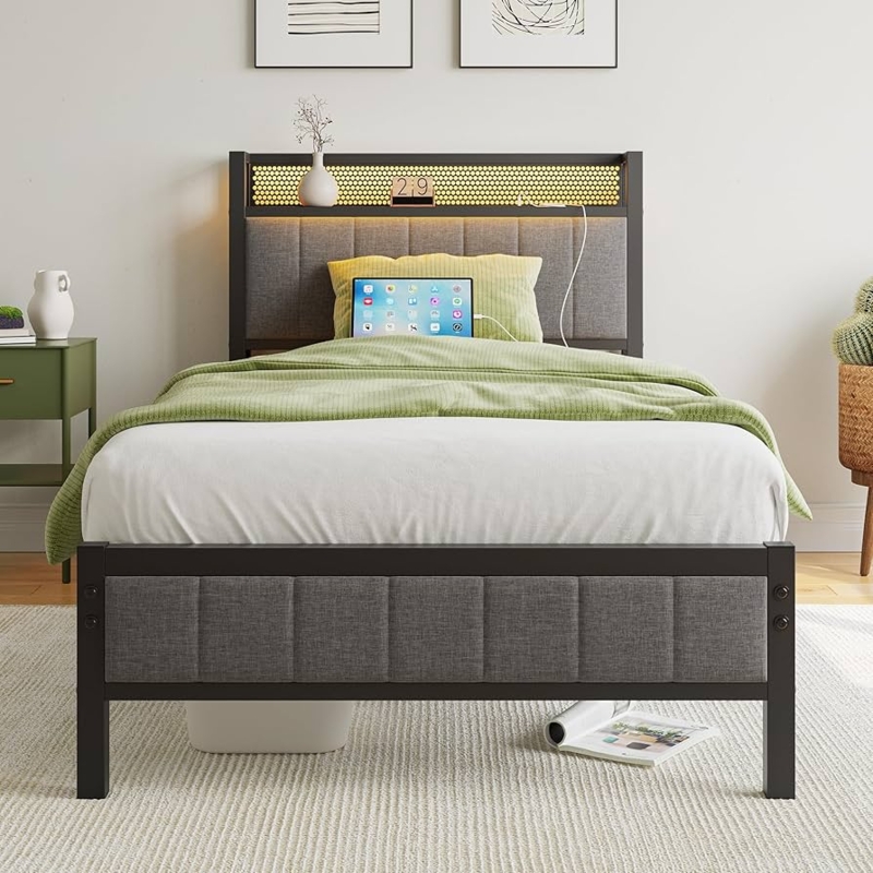 Amazon.com: Twin Bed Frame with Charging Station and LED Lights,Upholstered  Headboard with Storage Shelves,Metal Single Platform Bed Frame Twin Size  with Strong Metal Slats Support No Box Spring Needed,Noise Free : Hom