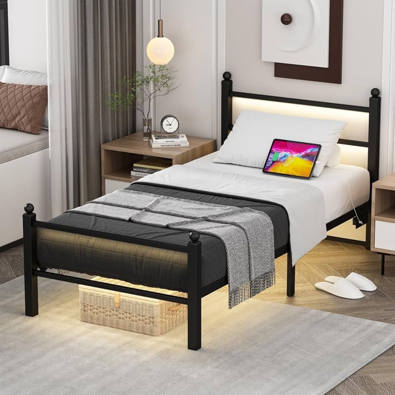Amazon.com: Twin Bed Frames with Charging Station & LED Lights, Metal bed  frame twin size with Headboard and Footboard, Heavy Duty Slats Support  Platform, No Box Spring Needed, Noise Free, Easy Assembly,