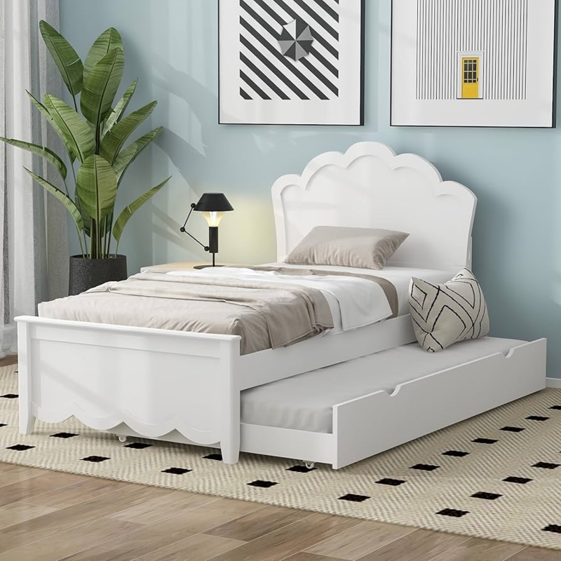 Amazon.com: Twin Size Platform Bed with Twin Size Trundle, Wood Bed Frame  with Flower Shaped Headboard, Twin Trundle Bed Frame Roll Out, Extendable Single  Bed Frame Full Size for Adults/Guests Bedroom, White :
