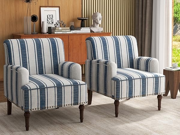 Amazon.com: UIXE Stripe Accent Chairs Set of 2, Living Room Arm Chair  Modern Nailhead Trim Club Armchair, Comfy Upholstered Sofa Lounge Seat  Reading Seat Bedroom Side Seating for Home Office, Blue :