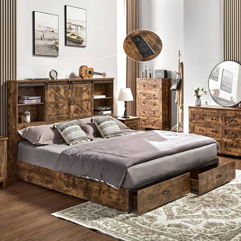 Amazon.com: VanAcc Queen Size Bed Frame, Wooden Platform Storage Bed with  51.2" Bookcase Headboard, 2 Drawers, Charging Station/No Box Spring  Needed/Noise Free(Rustic Brown) : Home & Kitchen