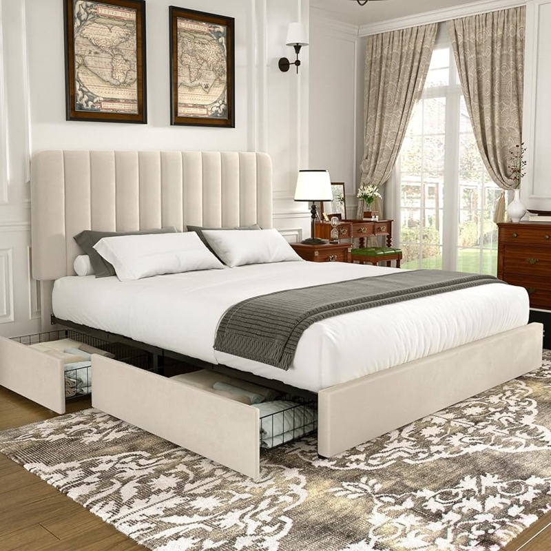 Amazon.com: VECELO Full Size Upholstered Bed Frame with 4 Drawers and  Headboard, Velvet Platform Storage Bedframe, Wooden Slats Support, No Box  Spring Needed,Beige : Home & Kitchen