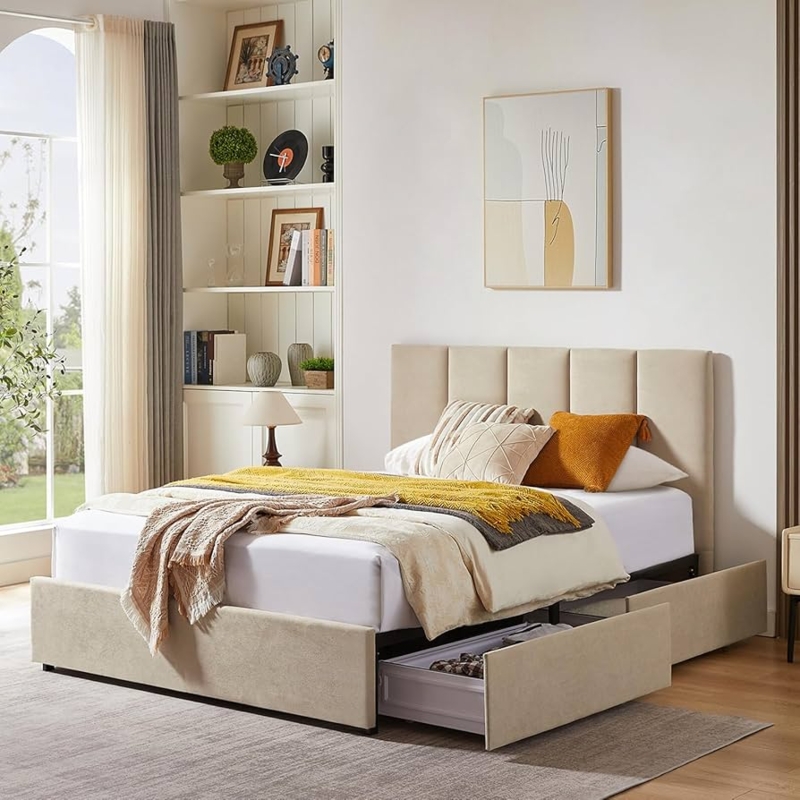 Amazon.com: VELOCAVA Queen Size Upholstered Storage Bed Frame with 4  Drawers, Modern Linen Platform Bed with Vertical Channel Headboard, Sturdy  Wood Slats, Under Bed Storage, No Box Spring Needed, Beige : Home