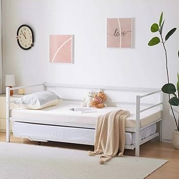 Amazon.com: VINGLI Daybed with Pop Up Trundle, Heavy Duty Metal Twin Bed  with Trundle, No Box Spring Needed, White : Home & Kitchen