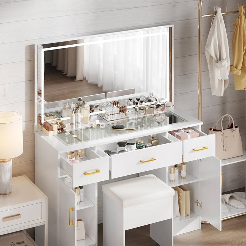 Amazon.com: WAYES 43.3" Clear Glass Top Makeup Vanity Desk Set with LED  Mirror, Charging Station, and Storage Stool - Modern White : Home & Kitchen