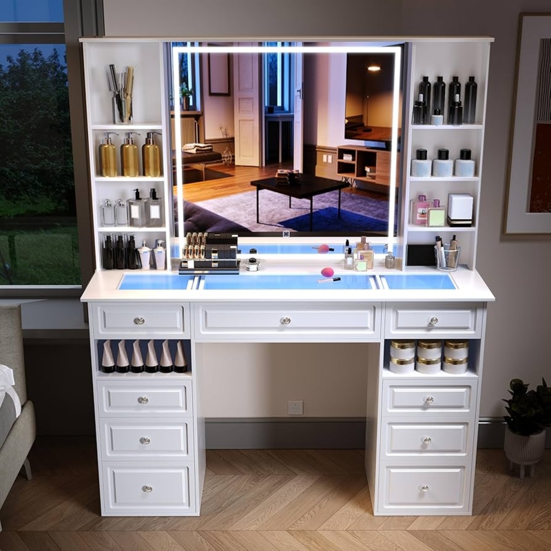 Amazon.com: Wildhome Vanity Desk with Mirror and Lights, Glass Top Dressing  Table with 9 Drawers,European Style Vanity Table, Crystal Ball Knobs, White  Makeup Desk (White-Glass Top) : Home & Kitchen
