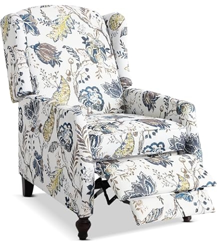Amazon.com: Wingback Floral Fabric Recliner Club Chair Blue White  Mid-Century Modern Contemporary Pattern Polyester Wood : Home & Kitchen