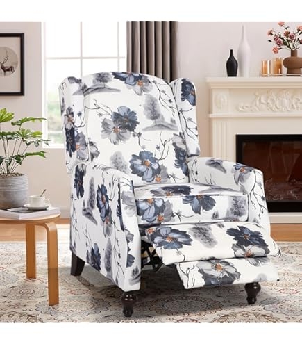Amazon.com: Wingback Floral Fabric Recliner Club Chair Blue White  Mid-Century Modern Contemporary Pattern Polyester Wood : Home & Kitchen