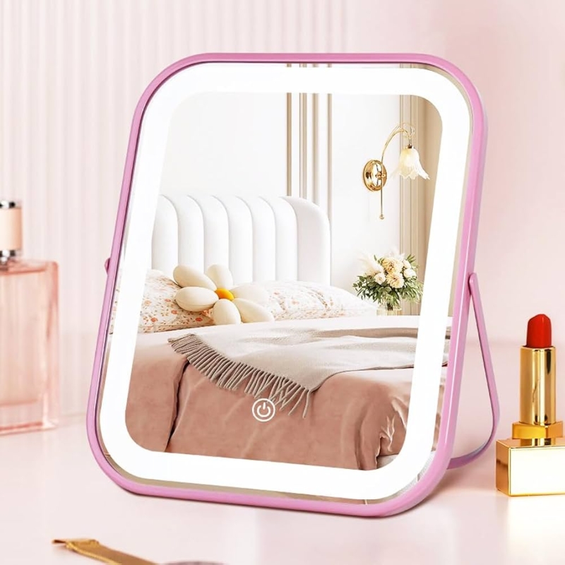 Amazon.com: YEKKOPT Pink Rechargeable Vanity Mirror with Lights, LED Makeup  Mirror, 10"8" Lighted Makeup Mirror with Lights, Smart Touch Control  Dimmable 3 Modes Light, Lighted Up Mirror for Makeup Desk, Bedroom :