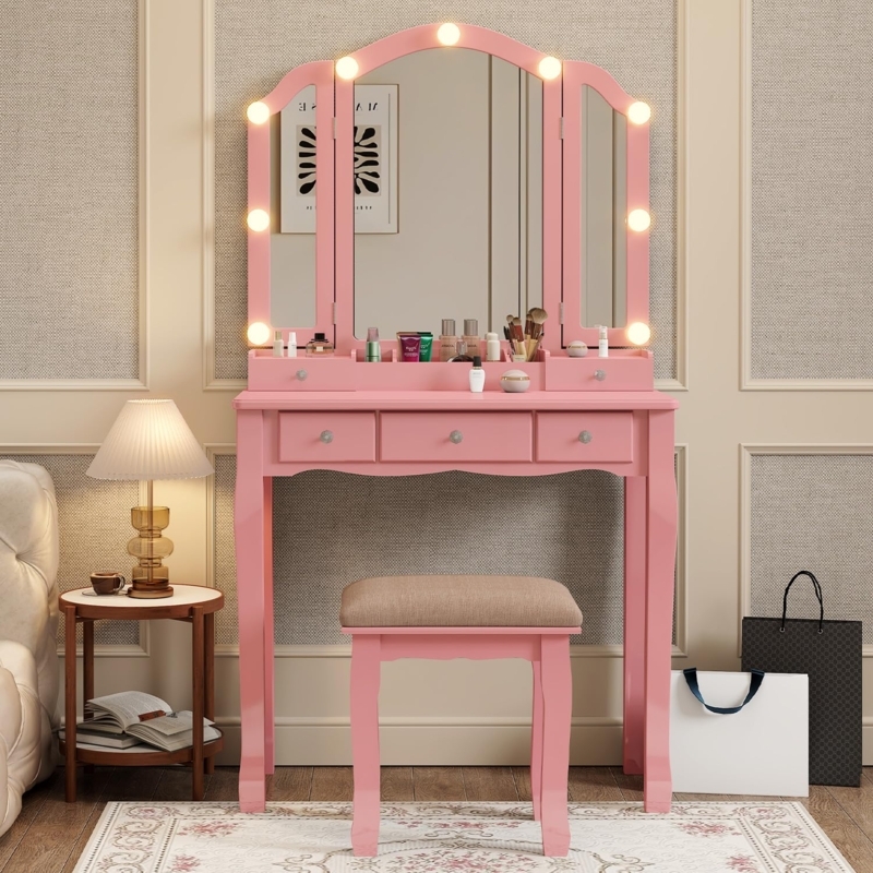 Amazon.com: YIXHQ Vanity with Lights Girls Vanity Desk Set with Drawers Makeup  Vanity Desk with Mirror and Lights Make Up Pink Makeup Vanity for Girls  Table with Stool : Home & Kitchen