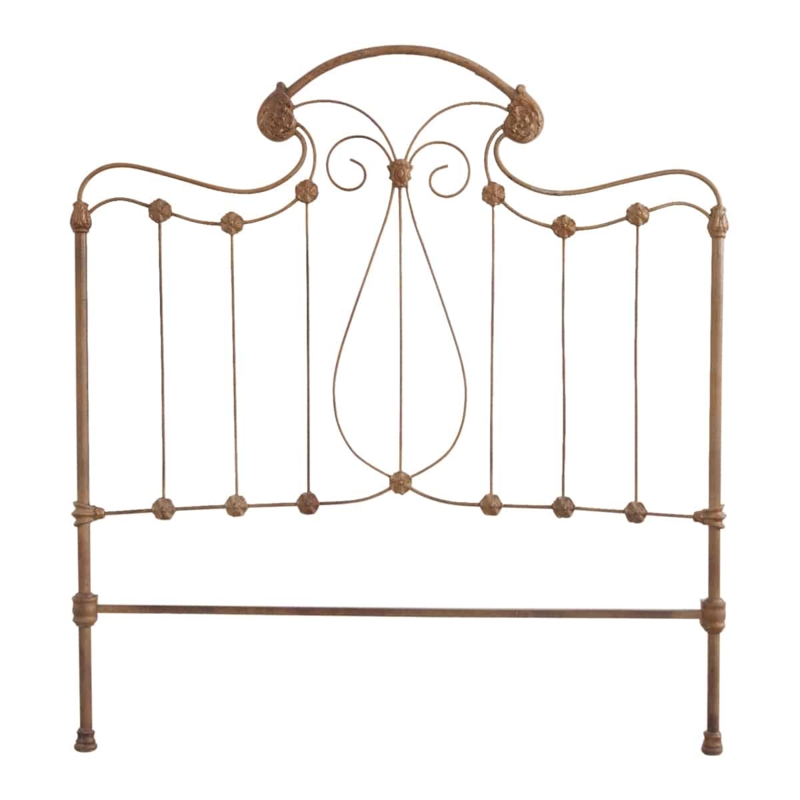 Antique Bronze Metal Headboard Arched Scrollwork Floral Medallions