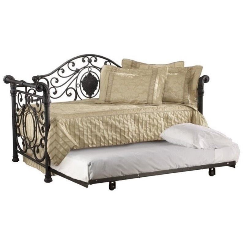 Antique Brown Daybed with Ornate Scrollwork Medallion and Trundle