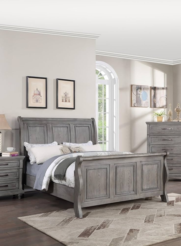 Antique Gray Oak Sleigh Bed with Transitional Recessed Paneling