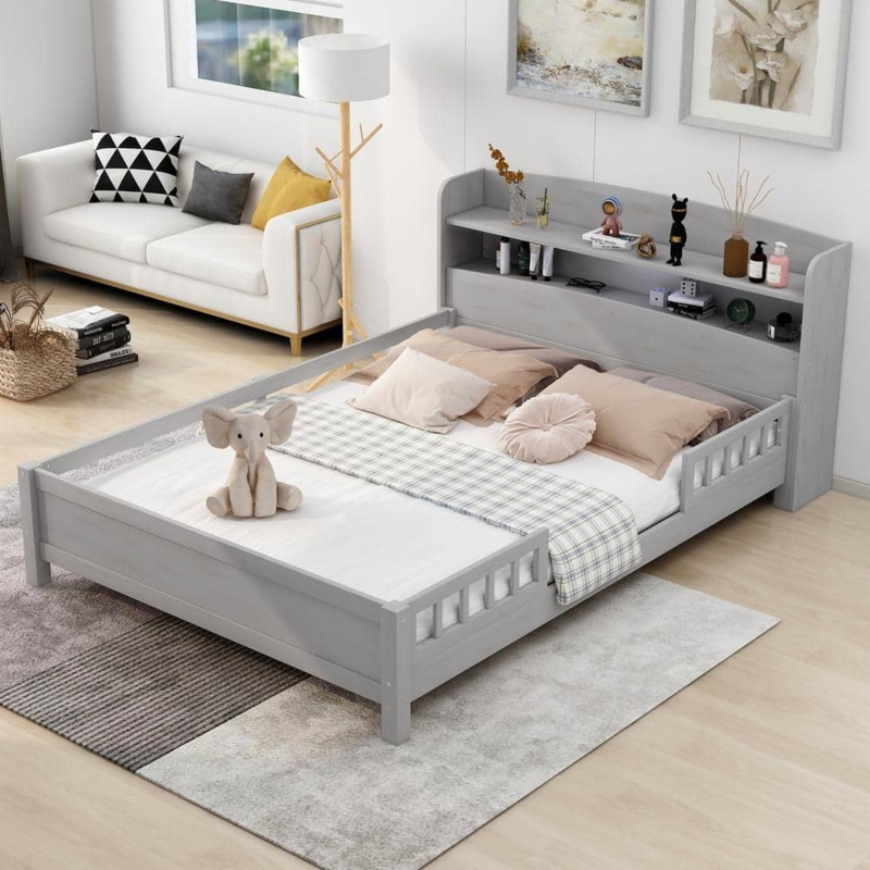 Antique Gray Platform Bed with Built-in LED Light and Storage.