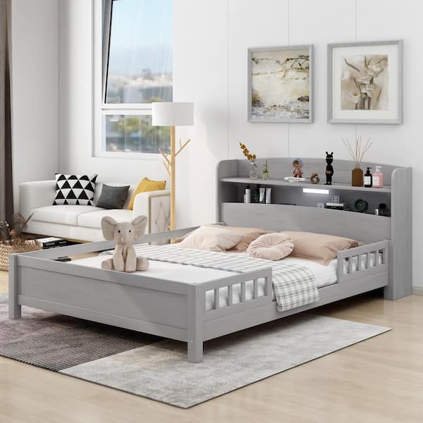 Antique Gray Platform Bed with Storage Headboard & Guardrails