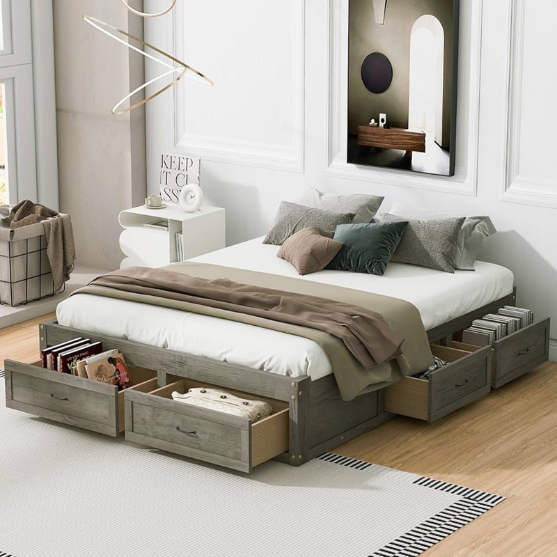 Antique Gray Storage Bed Six Drawers Weathered Wood Platform Frame