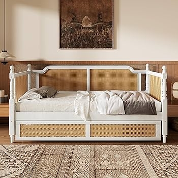 Antique White Daybed Frame Rattan Cane Panels with Trundle Bed
