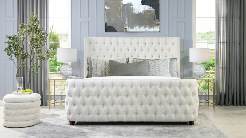 Antique White Upholstered Bed with Diamond Tufted Wingback Headboard