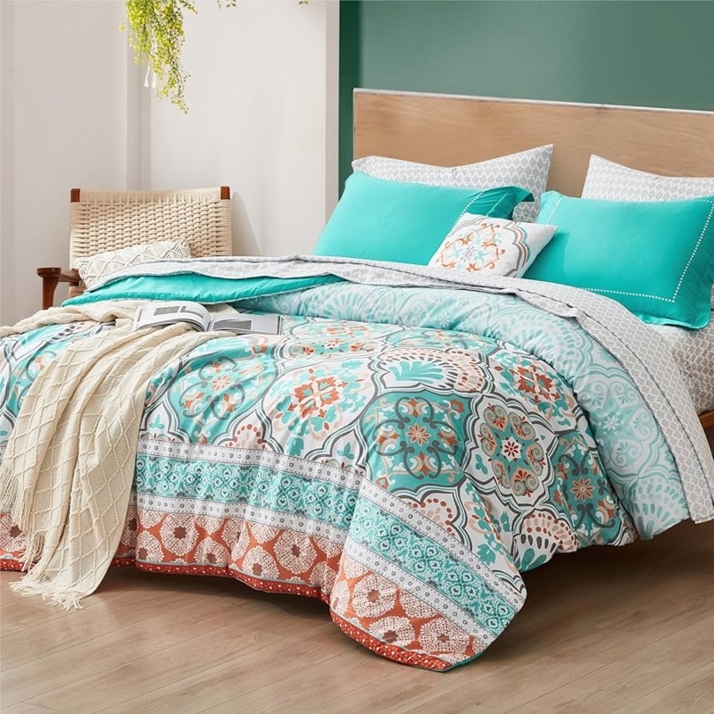 Aqua Boho Bedding Set Terracotta Medallion Floral Comforter