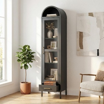 Arched Bookcase Narrow Glass Door Bottom Drawer Matte Black Metal