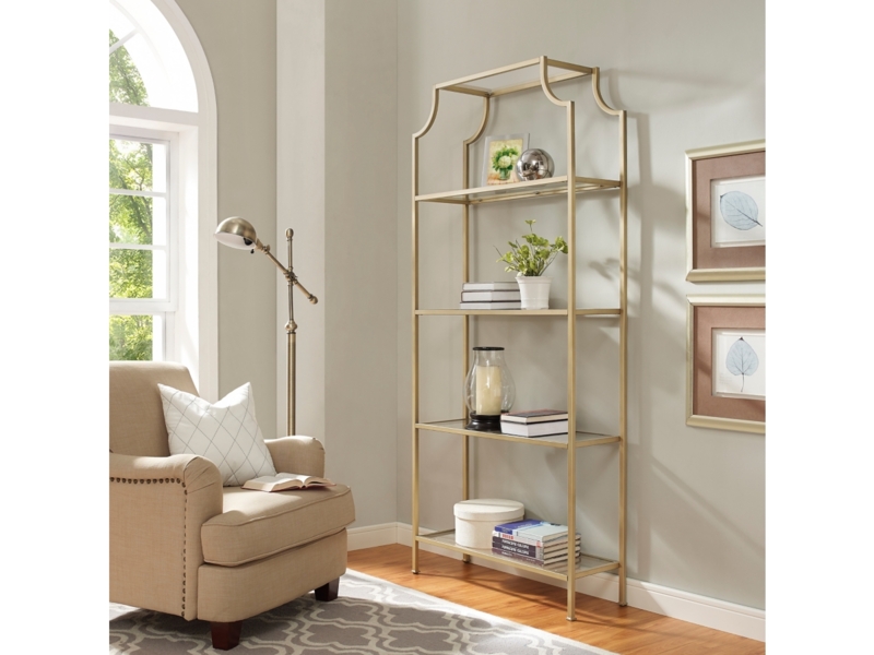 Arched Etagere Bookcase, Slender Gold Frame with Five Glass Shelves