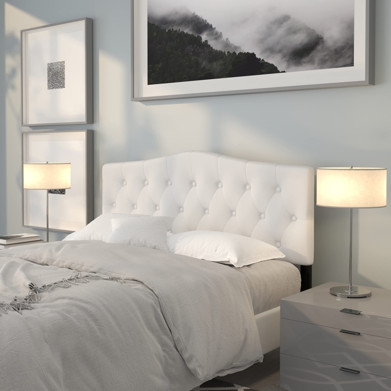 Arched Fabric Headboard with Diamond Tufting and White Upholstery