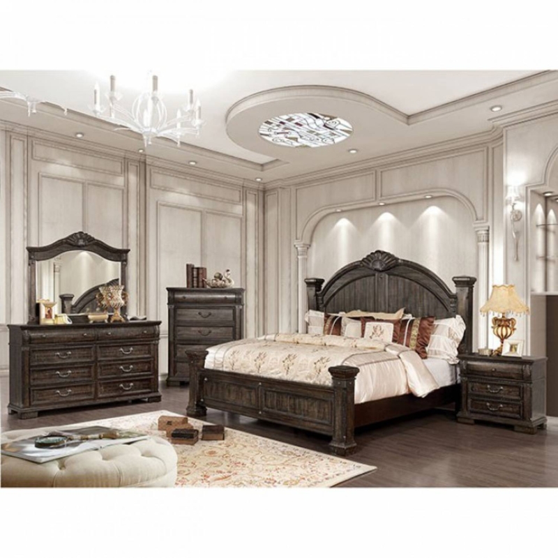 Arched Headboard Bedroom Set with Ornate Shell Carving in Charcoal