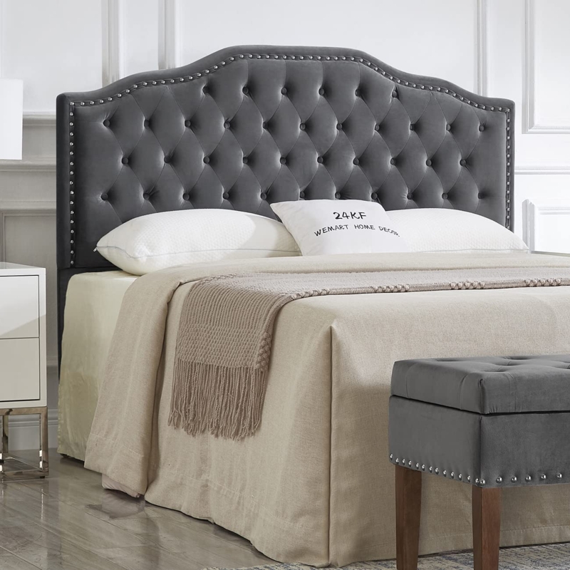 Arched Headboard Dark Gray Velvet Silver Nailhead Trim Diamond Tufting