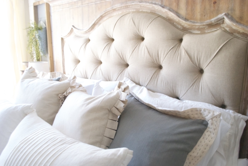 Arched Headboard Diamond Tufted Linen Distressed Wood French Country