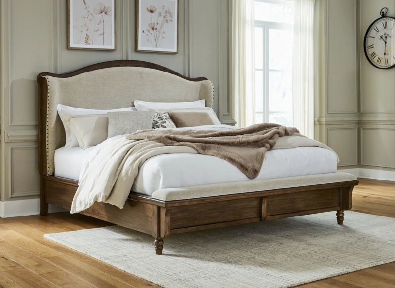 Arched Headboard Panel Bed with Wood Frame & Nailhead Trim