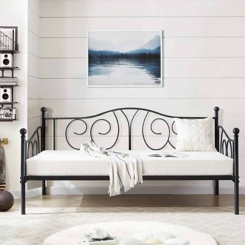 Arched Metal Bed Frame Daybed with Black Scrollwork and Finials