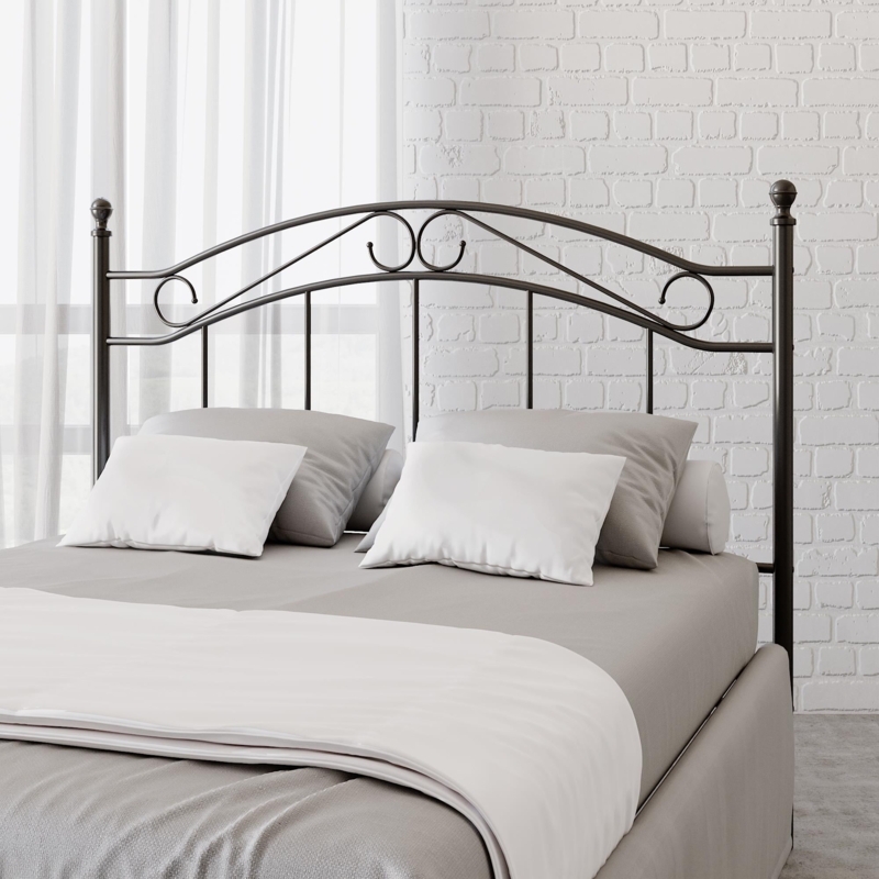 Arched Metal Headboard Delicate Scrollwork Ball Finials