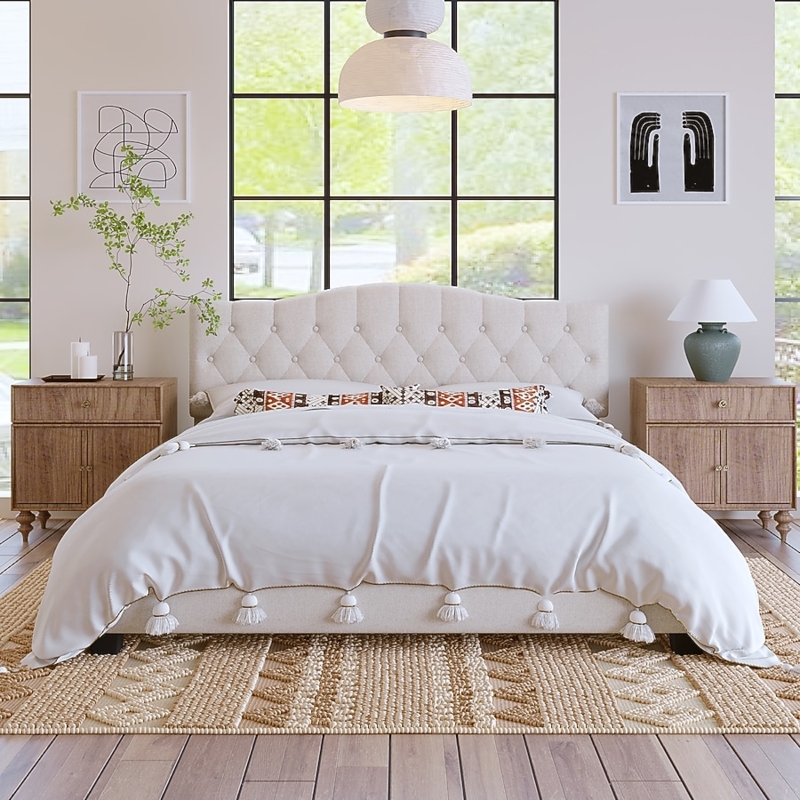 Arched Tufted Bed Frame in Beige Upholstered Fabric