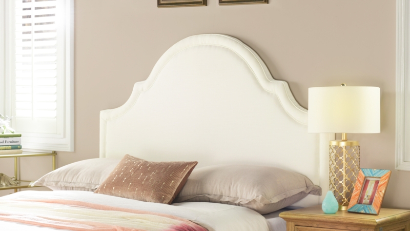 Arched Upholstered Headboard, Piped Border, Cream Fabric, Camelback Top