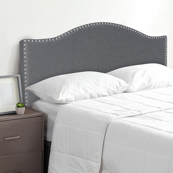 Arched Upholstered Headboard with Nailhead Trim and Linen-Like Texture