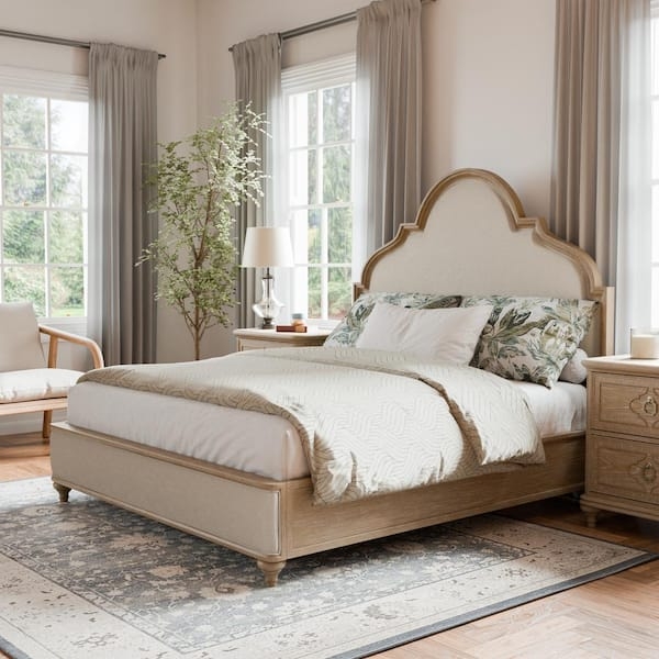Arched Wood Frame Panel Bed with Linen-Look Upholstery & Bun Feet